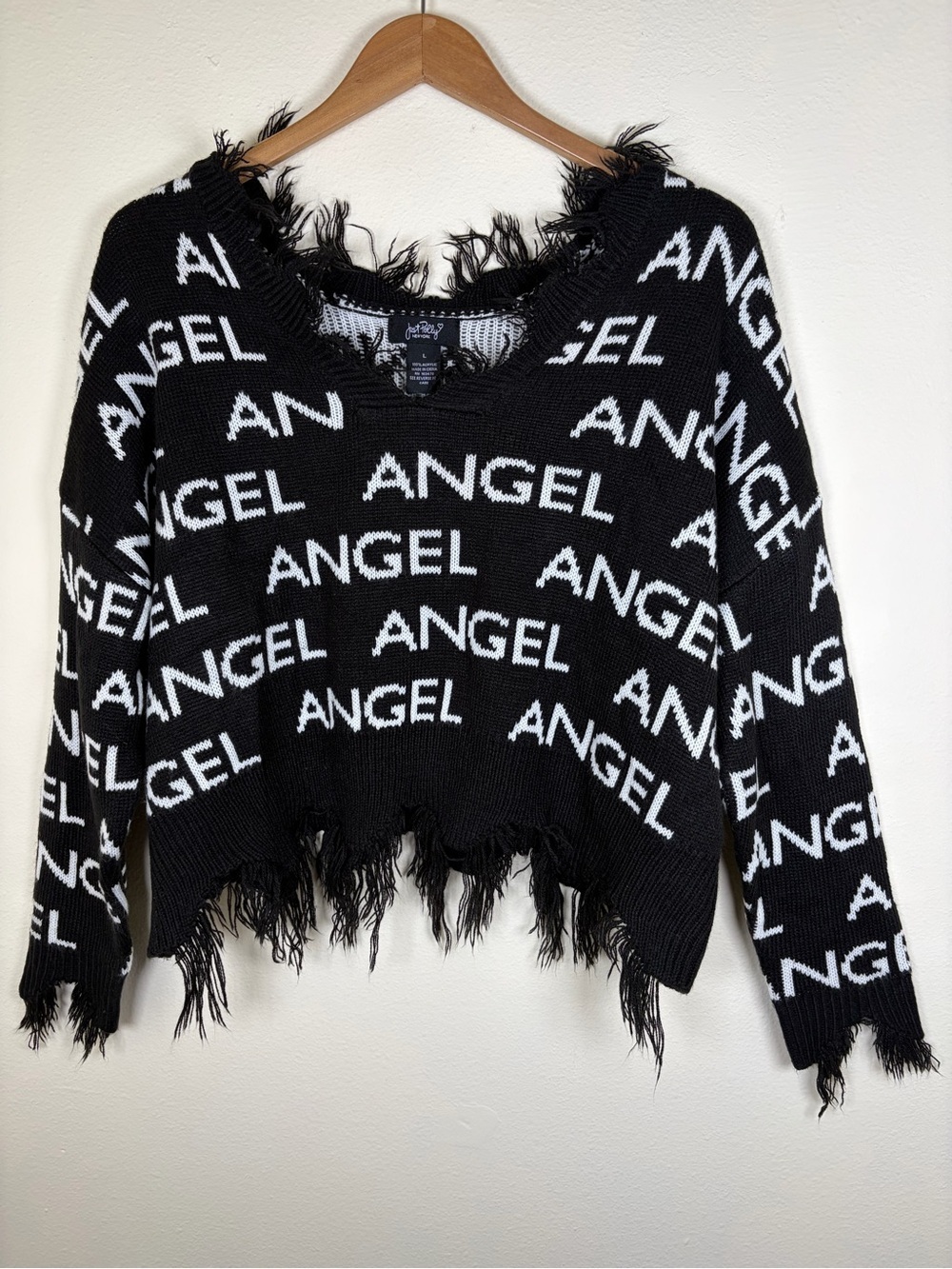 Just Polly NY Angel Distressed Fringe Sweater Large Oversized Knit